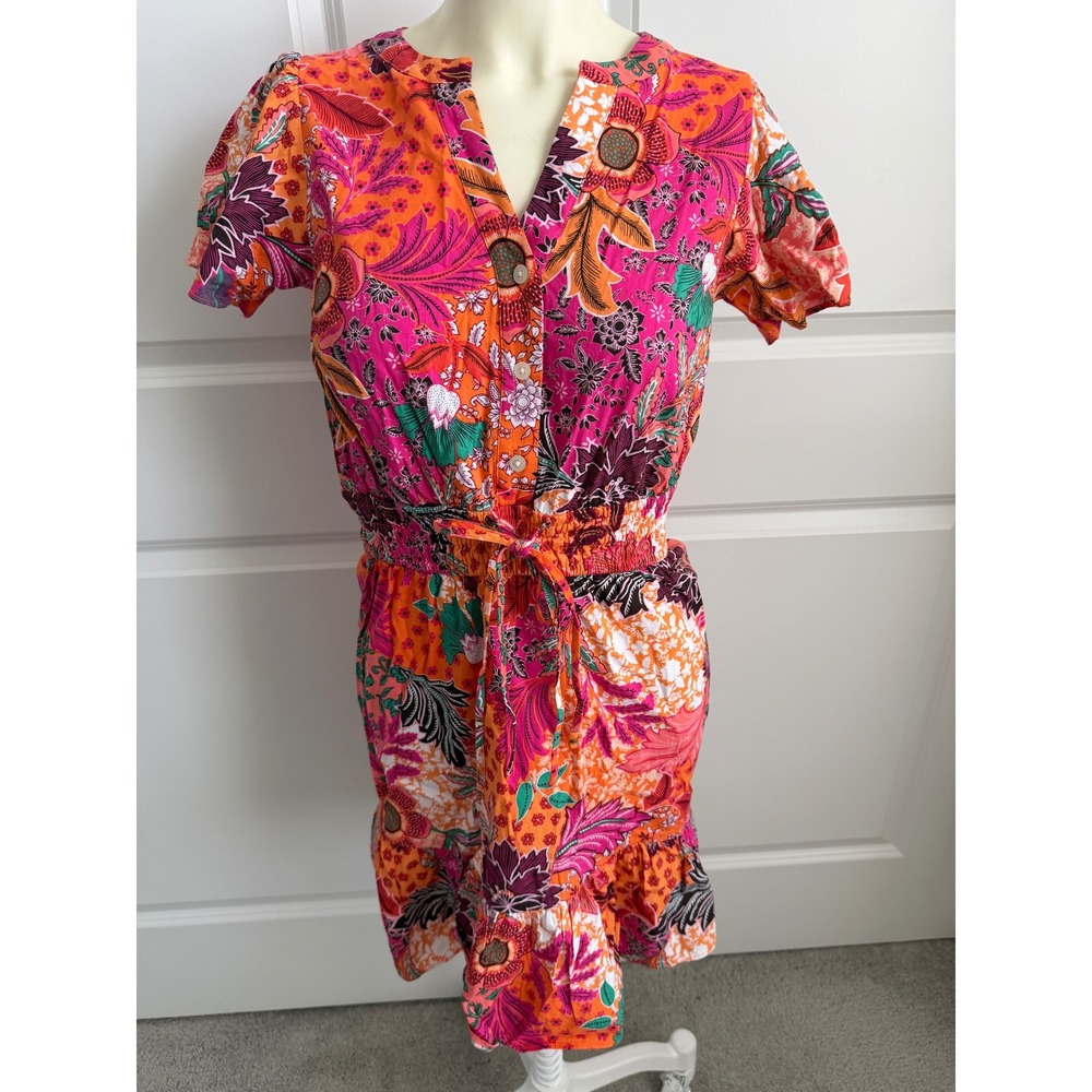 Loft Petites Floral Smocked Waist Ruffle Hem Dress Orange Pink SP